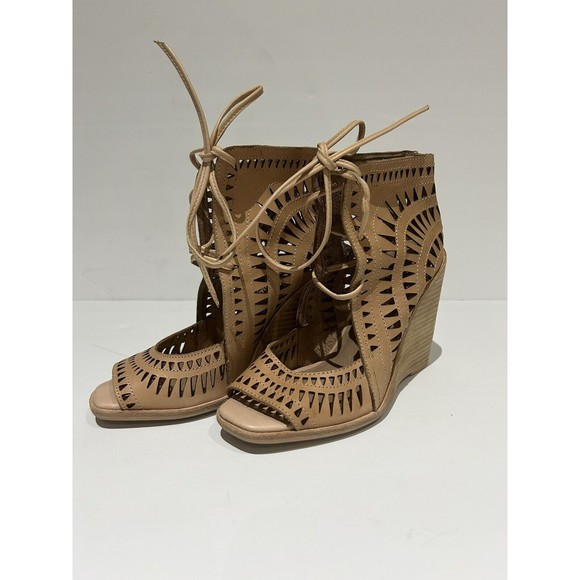 Jeffrey Campbell Rodillo Lazer Cut Beige Nubuck Wedge Lace Up Sandals Size 6 M - Picture 4 of 7
